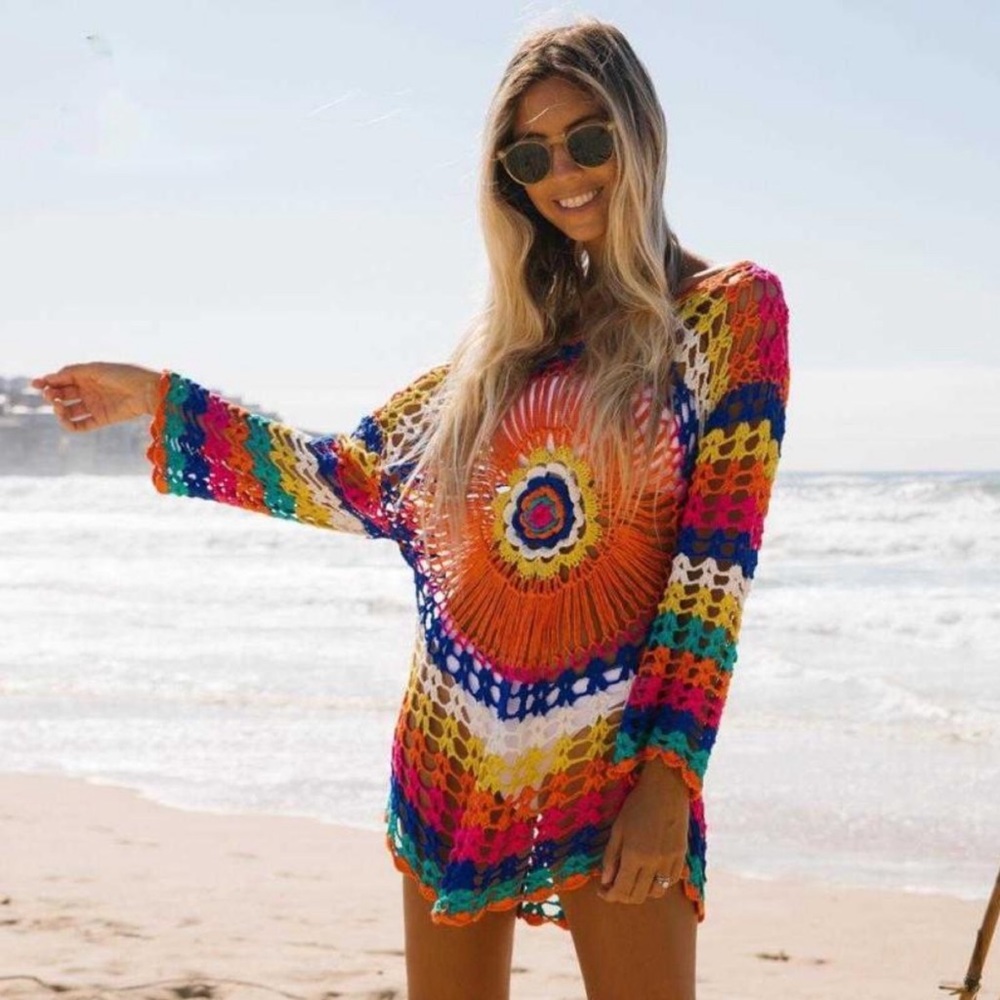 Boho Rainbow Colored Crochet Knit Hollow-Out Beach Coverup - Picture 5 of 16